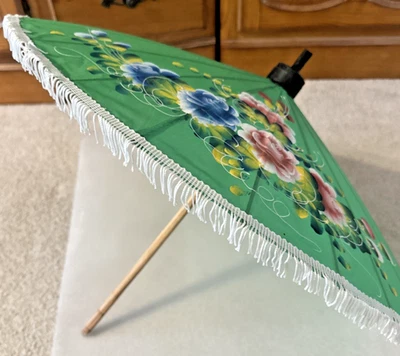 Vintage Japanese Parasol Hand painted Flowers Bamboo Umbrella Green - Image 1 of 4