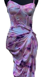 Pretty Little Thing Women’s Dress Lilac Tie Dye Satin Ruched Corset Midi 4 - Picture 1 of 10