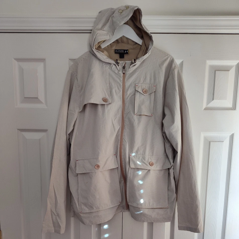 Men’s Under Armour All Season Hooded Full Zip Golf Jacket 2X Tan Stripe SEE INFO - Image 1 of 4