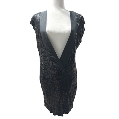 Velvet by Graham & Spencer Black Sequin Mini Dress Silk Trim Deep V Women Size S - Image 1 of 4