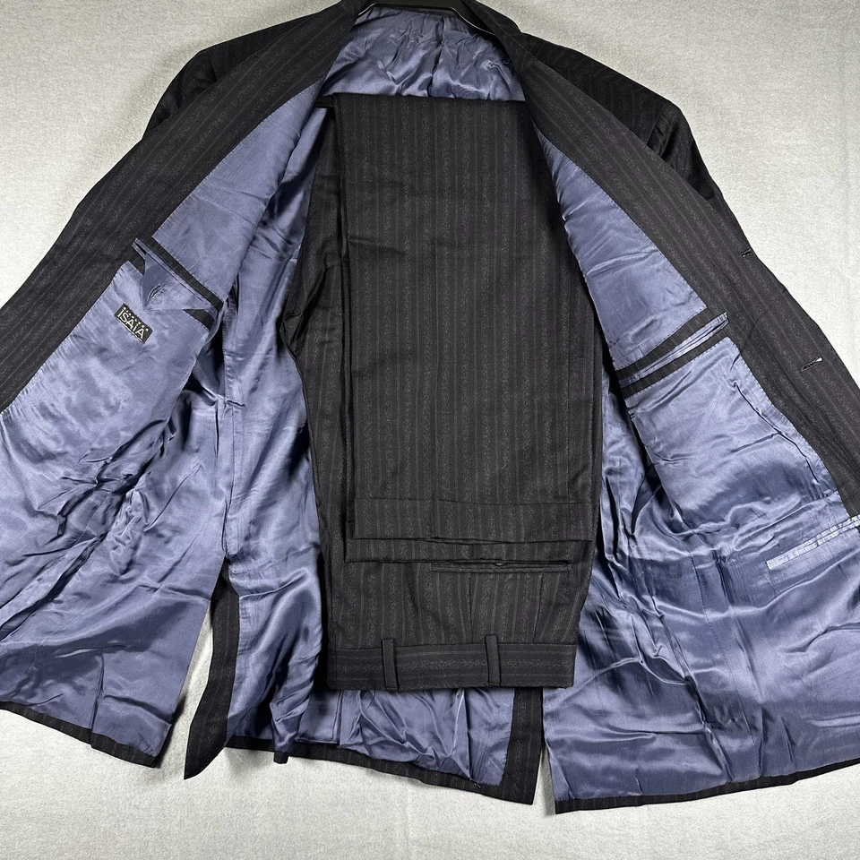 Isaia Traje A Medida Para Hombres 44R Azul Marino Rayas Lana 36x30 Italia Blazer Pantalones Conjunto Foto 1 de 4
