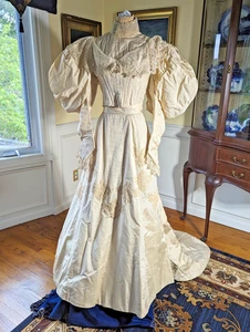 Antique 1895 Bridal/Wedding Gown Dress Pearls Lace Train Leg-o- Mutton Sleeves - Picture 1 of 22