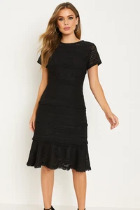 Bariano Dress AUS 8 US 4 Midi Black Lace Layered Fringe Edge Short Sleeve - Picture 1 of 6