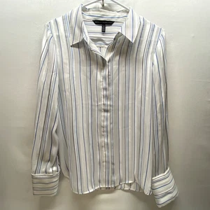 White House Black Market Blouse Women's Small Blue Metallic Stripe Semi Sheer - Picture 1 of 15