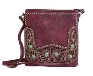 Montana West Concealed Carry Studs and Conchos Crossbody Purse - Burgundy - Picture 1 of 5