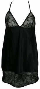 schwarz sexy Satin seidig Nachthemd Full Slip Hemd Nachtwäsche Nachtkleid Spitze - Bild 1 von 2
