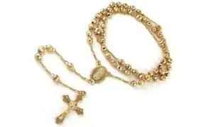 18K Gold Plated 24" Diamond Cut  Rosary Jesus Cross Charm Necklace - Picture 1 of 2