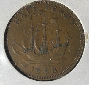 Great Britain 1/2 Penny 1938, George VI, The Golden Hind Coin Original Coloring - Picture 1 of 4