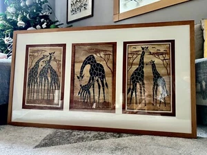Large Bespoke Solid Oak Frame With Giraffe Triptych Pictures Wall Art - Picture 1 of 2