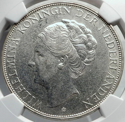 Moneda de plata 1939 Reino de los Países Bajos Reina Wilhelmina 2 1/2 florines NGC i81948 Foto 1 de 4
