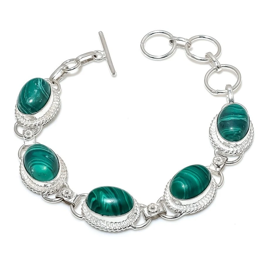 Brazalete de joyería de plata de ley 925 hecho a mano con piedras preciosas de malaquita tamaño 7-8"" Foto 1 de 1