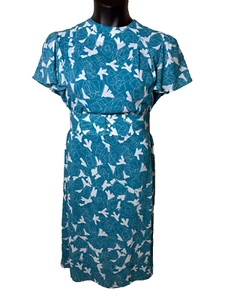 Teal Blue White 80's Dress Wide Belt Sz 10 12 Geometric New Wave Flutter Sleeve - Picture 1 of 7