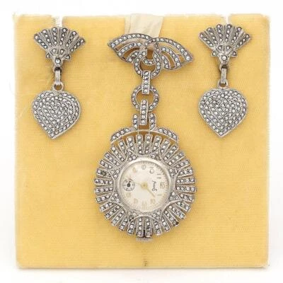 Juego de relojes y pendientes broche broche marcasita vintage Art Deco Milos de plata de ley Foto 1 de 4