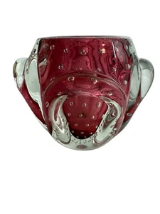 Art Glass Clear Red Rim Bowl Dish Controlled Bubbles Bulicants Italian Glass - Picture 1 of 7