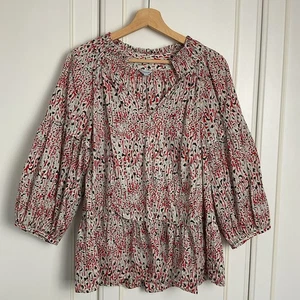 Jigsaw Boho Puff Sleeve Blouse Size UK 12 Red Smock Cotton Top Smart Work Event - Picture 1 of 13