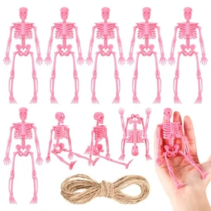Halloween Mini Skeleton Pink Decor with Jute Rope 6 Inch Small Skeletons Plastic - Picture 1 of 6