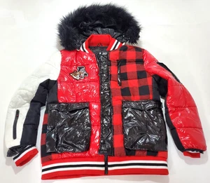 AWAKNDLAND Size L Puffer Plaid Jacket with Faux Fur Hood Red/Black $219 - Picture 1 of 7