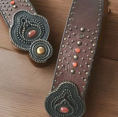 Women's Leather Belt with Studs and Cherry Stone Gems, 32" length 2" wide - Image 1 of 4