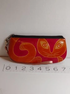 Vintage Cat Painted Leather Wristlet Wallet Makeup Bag Purse Zip - Bild 1 von 5