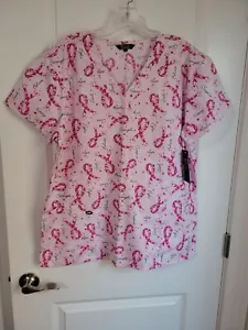 Zikit Women's Pink Breast Cancer Faith Love Support Cure Scrub Top Large NWT - Picture 1 of 6