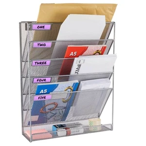 Hanging Magazine Rack Wall Mounted Document Holder 6 Tier Mesh Metal Silver - Picture 1 of 10