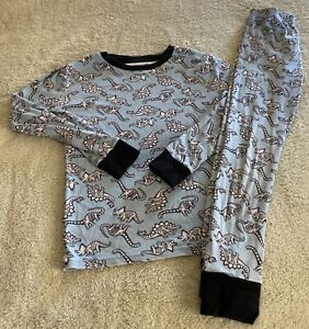 Kirkland Boys Blue White Dinosaurs Black Cuffs Long Sleeve Snug Fit Pajamas 10