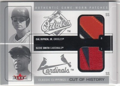 2005 Fleer Classic Clippings Ozzie Smith Cal Ripken Jr Dual Patch 8/15 Jersey #! - Image 1 of 2