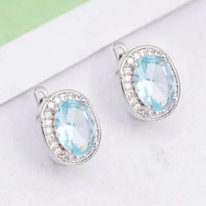 ZARD Halo Earrings in Oval Cut Aquamarine and CZ with English Lock Closures - Picture 1 of 4