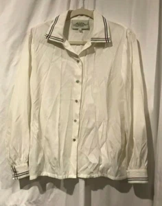 VTG Susan Bristol New Traditions Long Sleeve White Blouse Green Red Trim Size 8 - Picture 1 of 6