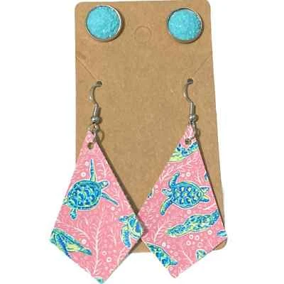 Women's Earrings Set Sea Turtle Pink Slip On Dangle Earrings Blue Druzy Stud - Image 1 of 3