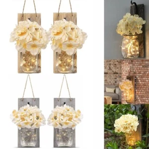 4 Pack Mason Jar Wall Decor Sconces Rustic Hanging 30 LED Fairy Lights Farmhouse - Picture 1 of 24