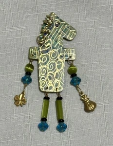 Einzigartige Metallarbeit Brosche/Anstecknadel mit baumelnden Perlen und Akzenten Pony Pferd - Bild 1 von 11
