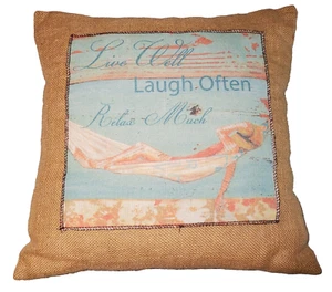 12" x 12" Burlap Beach Relax Throw Pillow Rustic Beachy Boho Chic Cottage Core - Picture 1 of 6