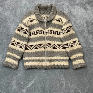 VTG Sweater Mens Beige Wool Geometric Cardigan Chunky Knit Shawl Collar Full Zip - Picture 1 of 10