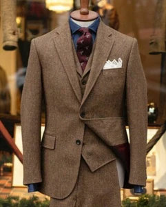 Herren Anzug Braun Wolle Fischgrät Tweed Karo Abschlussball Bräutigam Smoking Hochzeit 3-teilig - Bild 1 von 10