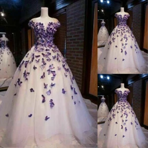 Purple Butterflies Wedding Dresses Off Shoulder Vintage A Line Bridal Ball Gowns - Picture 1 of 11
