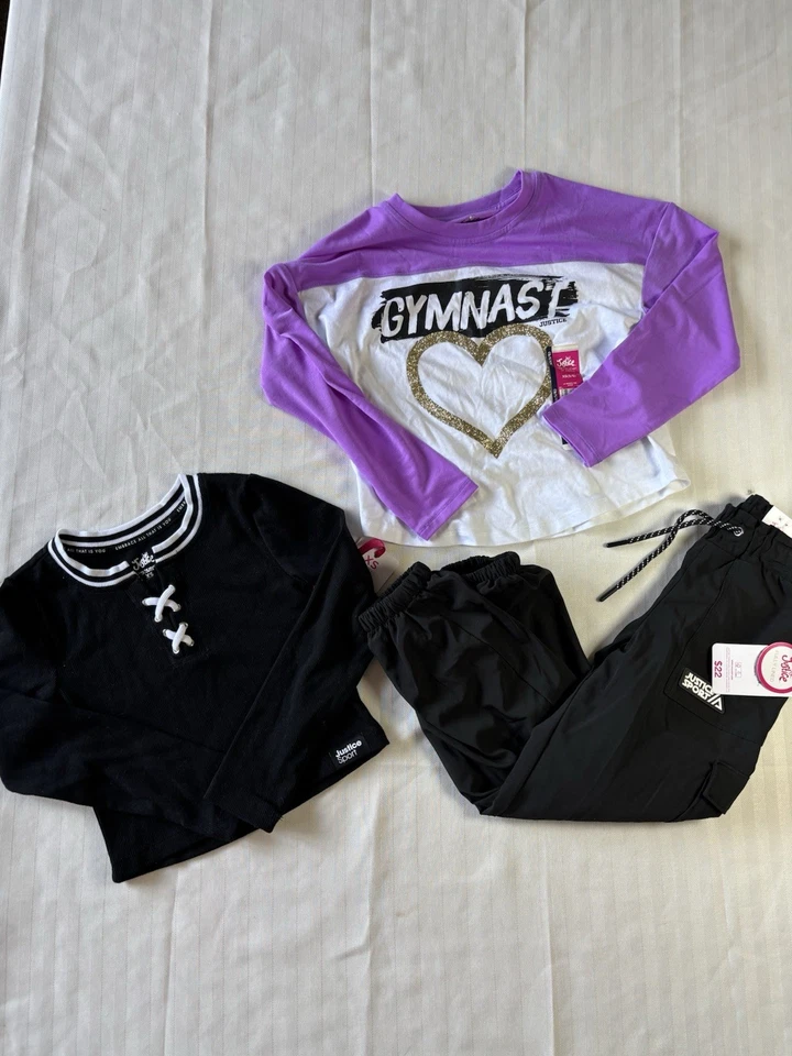 Justice Girls XS 5/6 Conjunto 2 Camisas y 1 Pantalón de Carga Jogger Negro Nuevo con Etiquetas NUEVO Foto 1 de 4