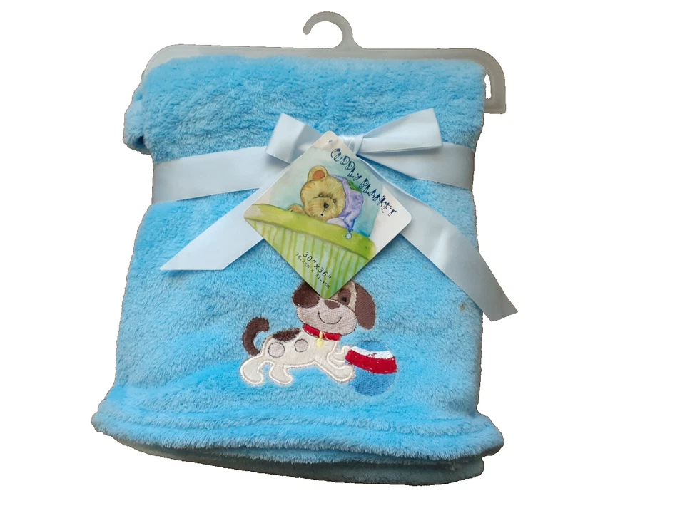 Super Soft Cuddly Baby Blanket 30" X 40" Blue With Puppy New - Image 1 of 1