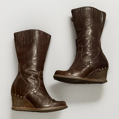 Vintage 90's Y2K Brown Chunky Wedge Heeled Boots Stitch Grunge Boho France 7.5 - Image 1 of 4