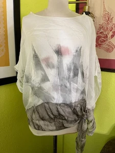Damen Top L/XL transparent weiß abstrakte Kunst Seidenmischung Italien Bella Amore seitlich zum Binden - Bild 1 von 8