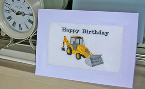 Una grande cartolina di compleanno ricamata a macchina rifinita a mano - Scavatore - Retroescavatore - Foto 1 di 1