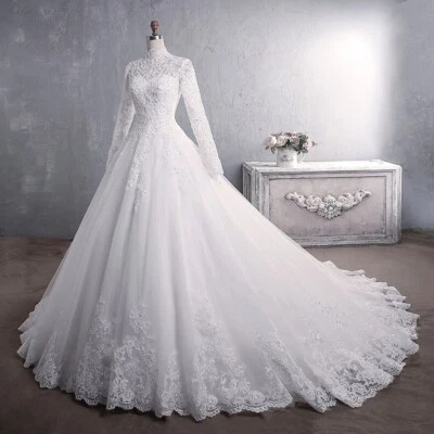 White A-Line Long Sleeve Wedding Dress Lace Applique Beaded Sequin Turtleneck - Image 1 of 4