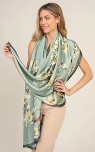 100% Silk Scarf in Sage Green with Floral Print - Picture 1 of 6