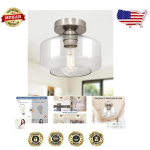 Sleek Brushed Nickel & Glass Semi Flush Light - Easy Install & Modern Design - Picture 1 of 8