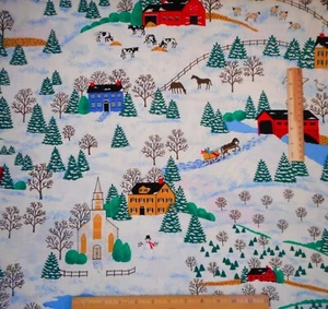 Christmas Fabric 1 7/8 Yard Vintage Village Snow Scenic on Cream Cotton Vtg 28 - Picture 1 of 5