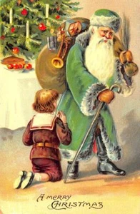 Green Suited Santa Christmas Tree Toys Bag Embossed Postcard - Picture 1 of 1