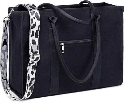 Laptop Tote Bag for Women Work 15.6 inch Canvas Shoulder Black-leopard Print  - Image 1 of 4