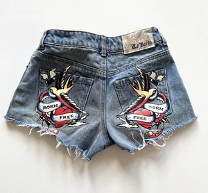 Ed Hardy "Born Free" Cut Off Shorts XS Painted Birds Design Denim Retro American - Picture 1 of 10