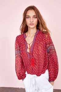 Ulla Johnson Amala Blouse Top Size US 2/AU 6-8 Red Silk Long Sleeves Sheer Boho - Picture 1 of 13