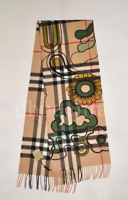 RARE! Authenti BNWT BURBERRY Floral Giant Check Cashmere Mens/Womens Scarf Camel - Image 1 of 4